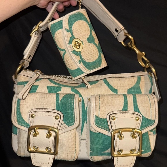 Stylish Cream and Green Women's Bag